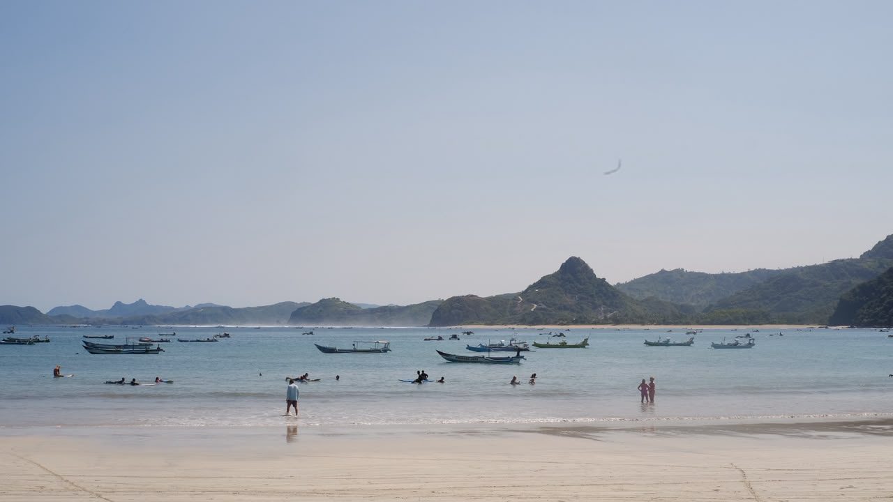 Panoramic view of the beach and surf lineup in Lombok