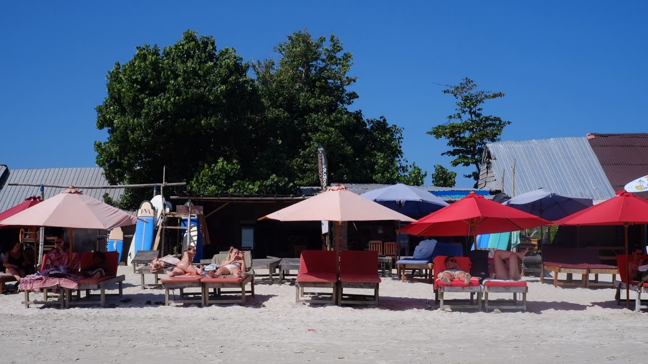Sun loungers and umbrellas on the beach near the surf shack