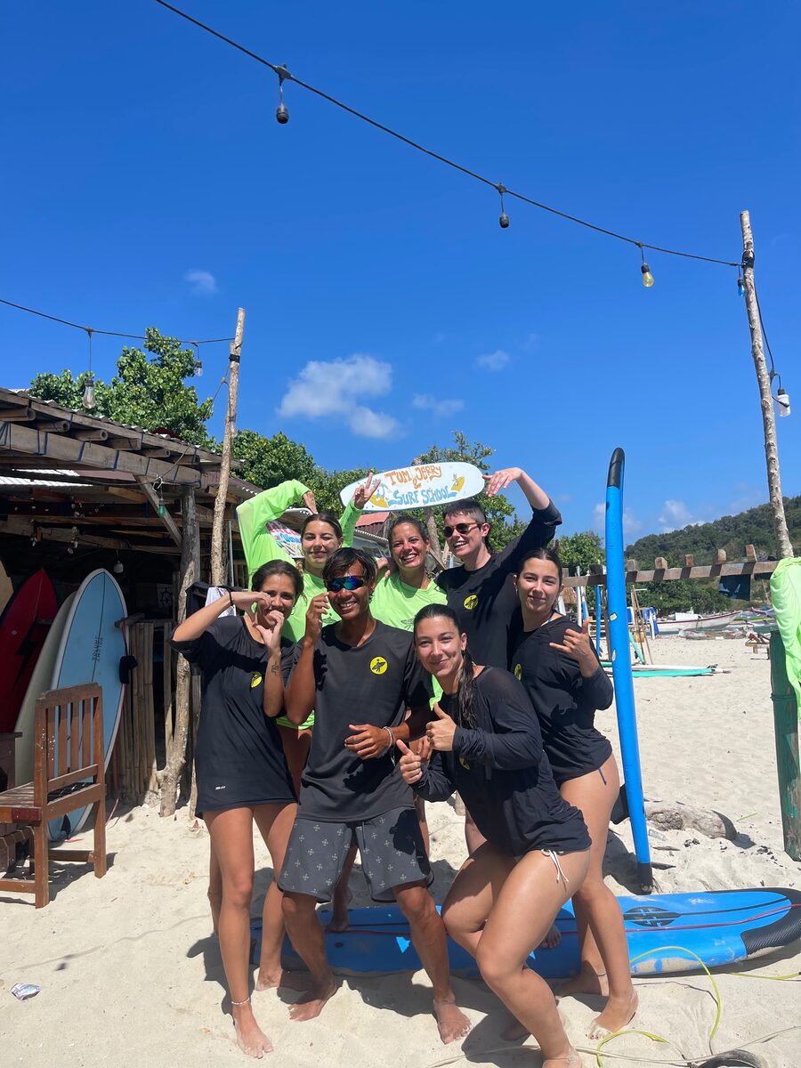 Surf school group on the beach in Lombok